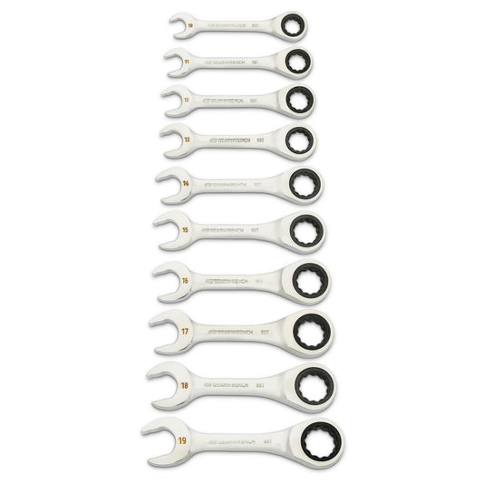 GEARWRENCH 10 Piece 90-Tooth 12 Point Metric Stubby Ratcheting Combination Wrench Set 86850