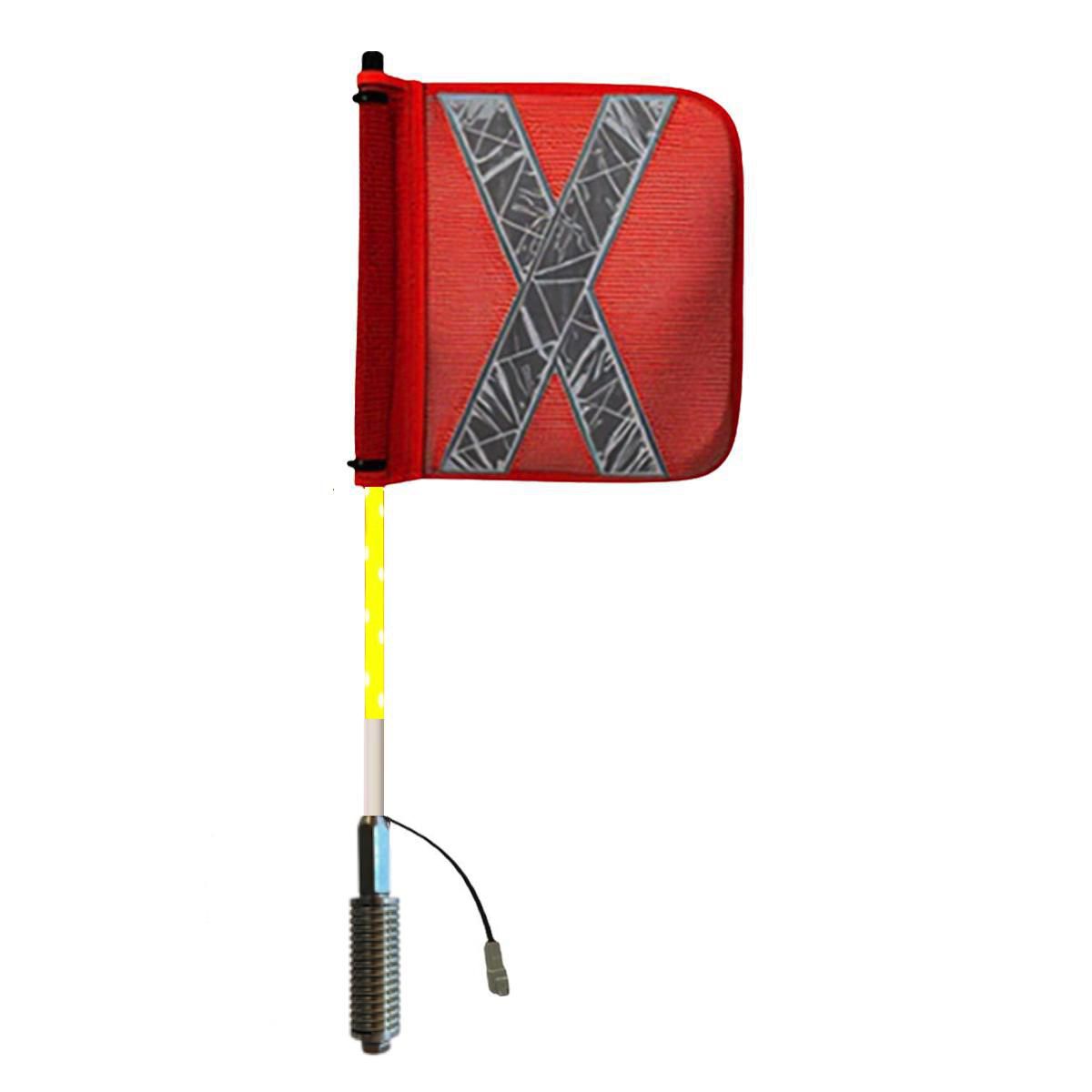 Safety Aerials Australia 0.6mtr Amber Full Pole LED Lightstick with Reflective X Orange Mesh Flag with Spring Base LSFX600SB-A12V-FP