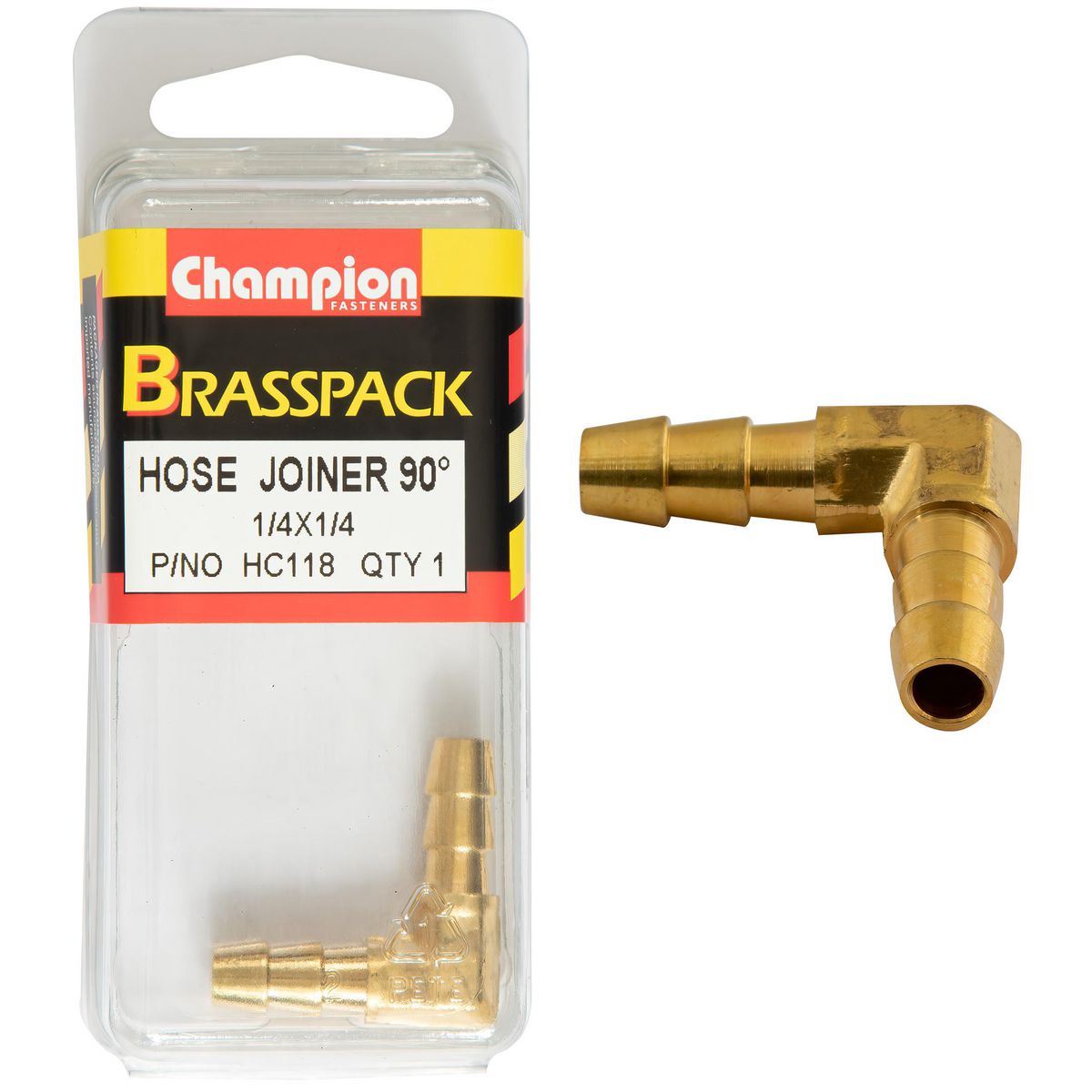 Champion Fasteners 1/4 X 1/4 90 Brass Hose Joiner Barb Elbow HC118