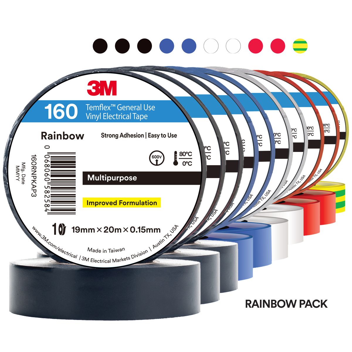 3M Tempflex Vinyl Electrica 160 Rainbox 10 pack  tape 19mm x 20mm 7100374341