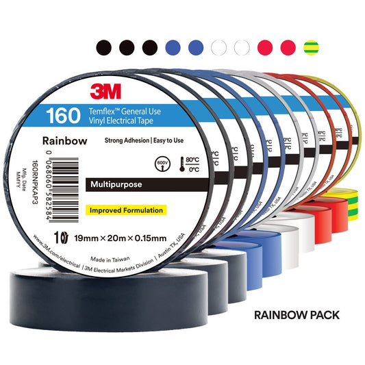 3M Tempflex Vinyl Electrica 160 Rainbox 10 pack  tape 19mm x 20mm 7100374341