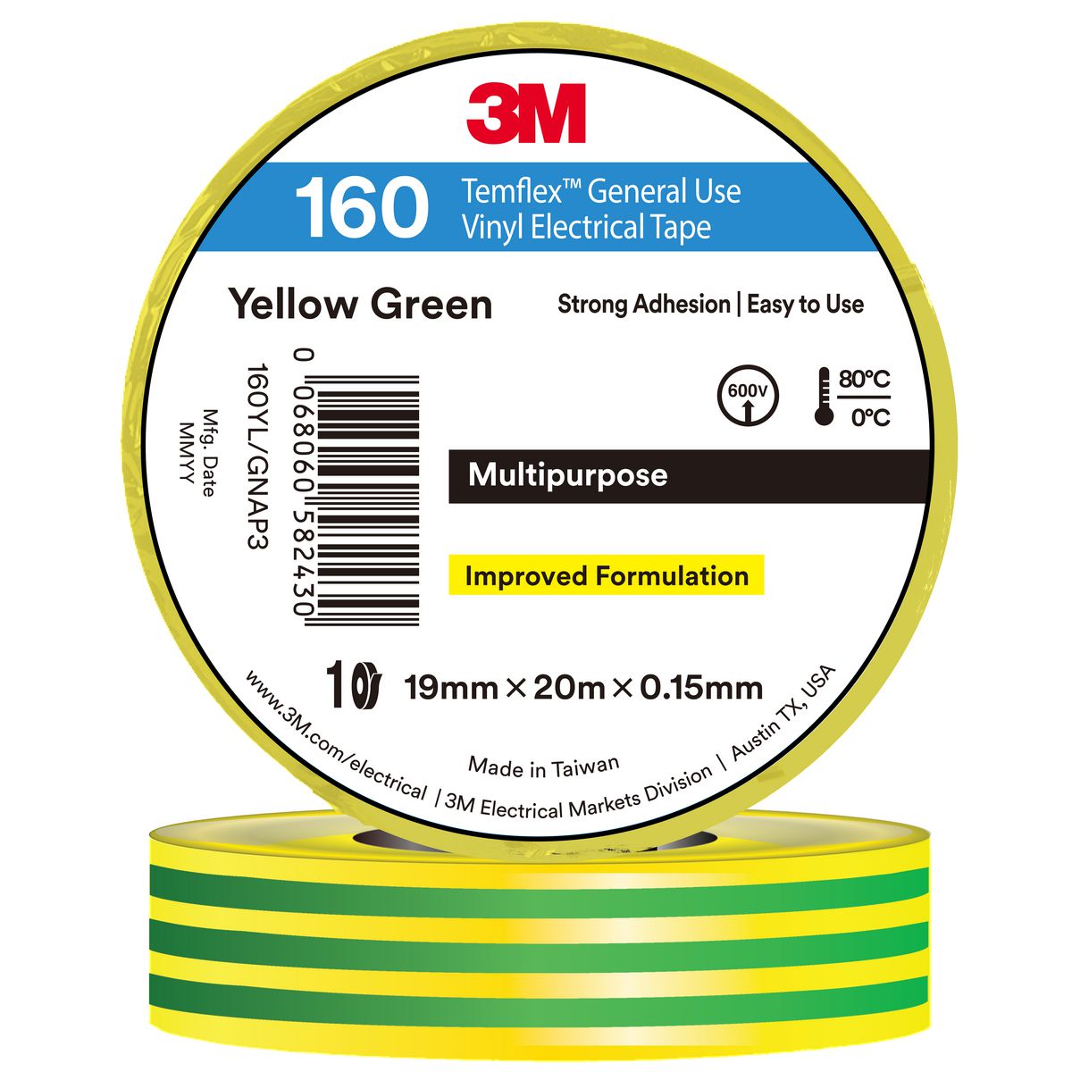3M Temflex Vinyl Electrical 160 Yellow / Green tape 19mm x 20mm 7100374565