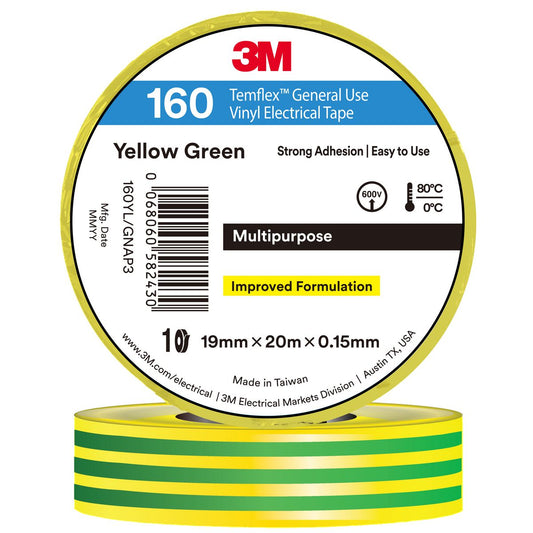3M Temflex Vinyl Electrical 160 Yellow / Green tape 19mm x 20mm 7100374565