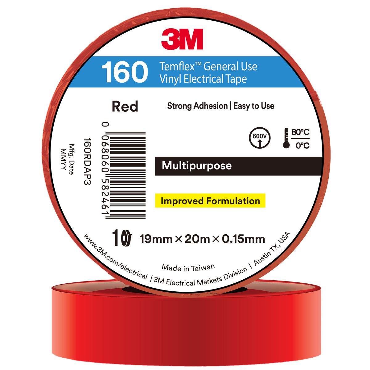 3M Temflex Vinyl Electrical 160 Red tape 19mm x 20mm 7100374339