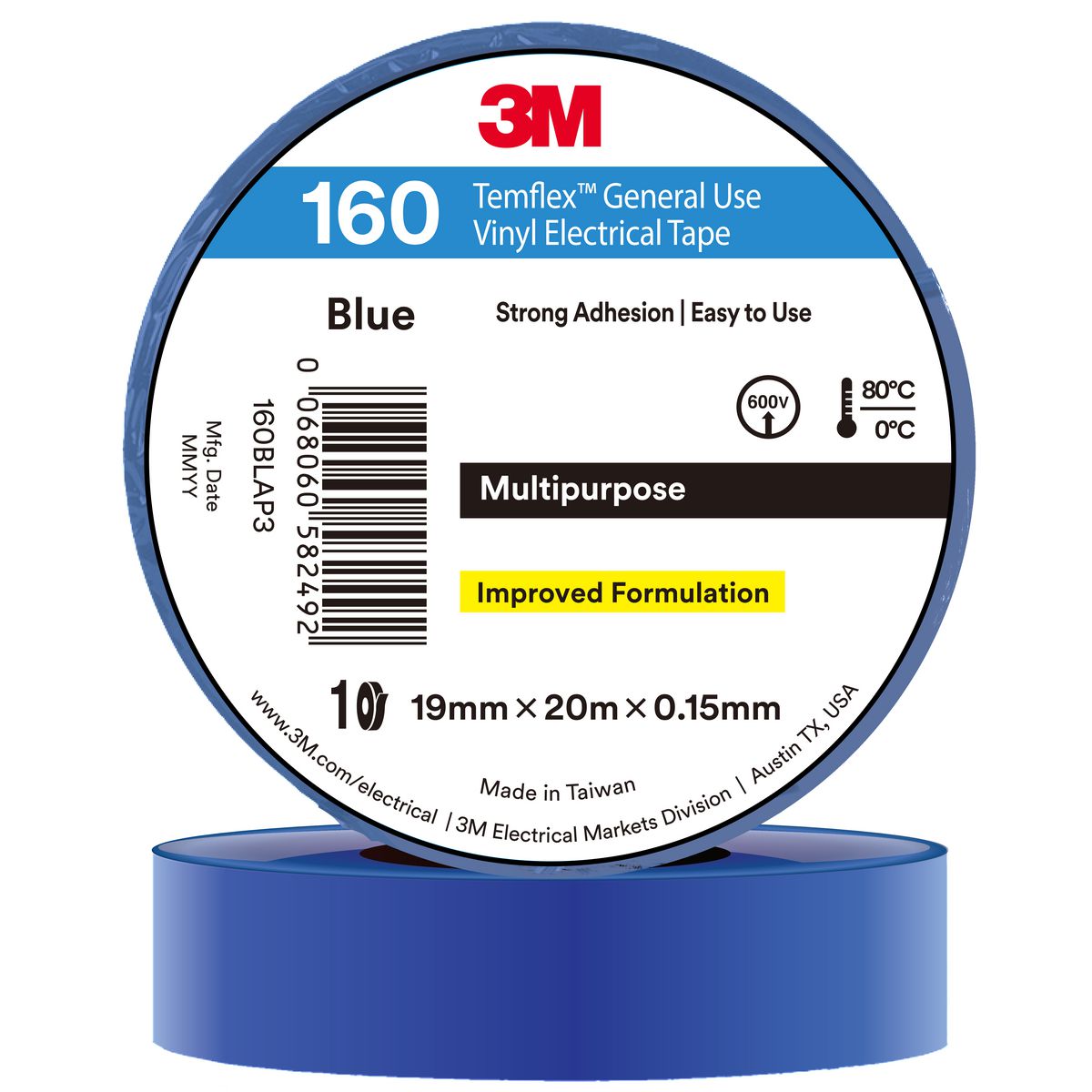 3M Tempflex Vinyl Electrica 160 Blue tape 19mm x 20mm 7100374454