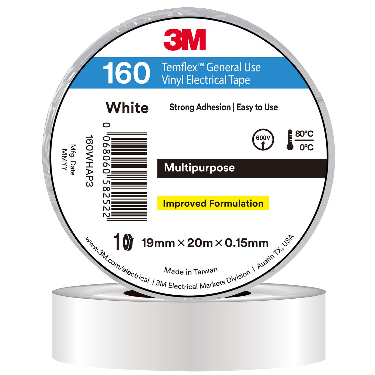 3M Temflex Vinyl Electrical 160 White tape 19mm x 20mm 7100374484