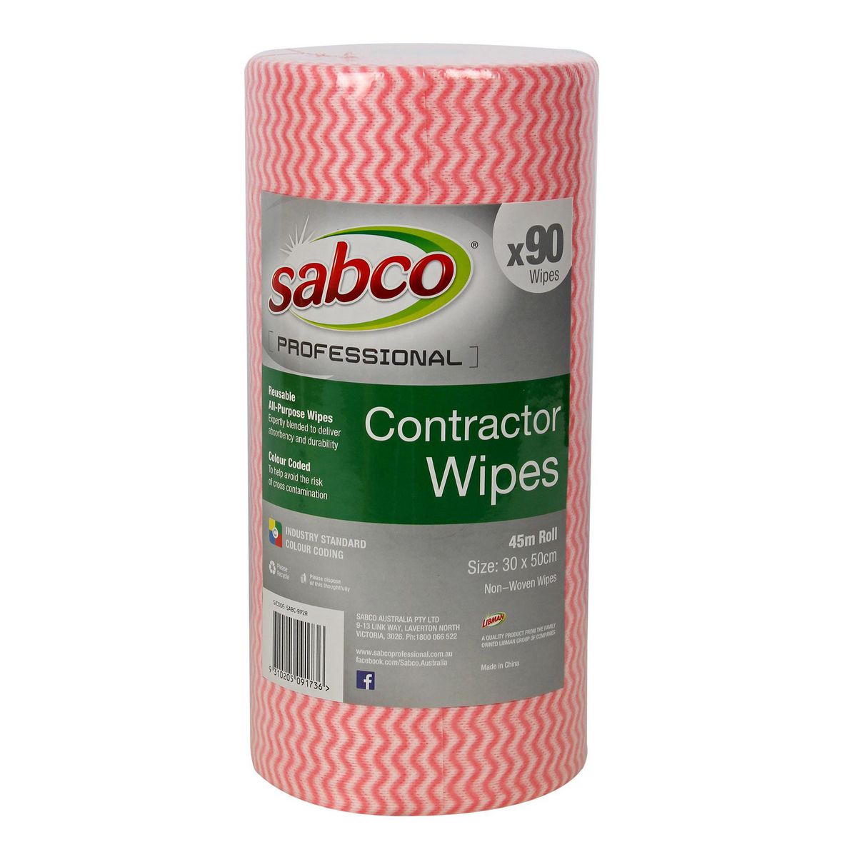 Sabco Pro Contractor Wipes 90 Sheet Roll Red
