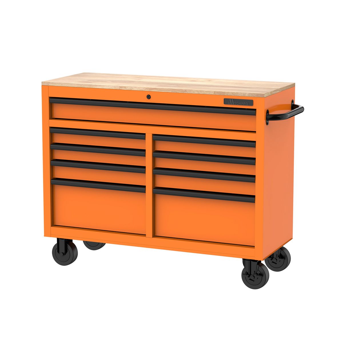 Orange Mechpro 46 Inch 9 Drawer Tool Trolley Workbench with Timber Top 945mm Height MPBTT-46IN-9D-OR