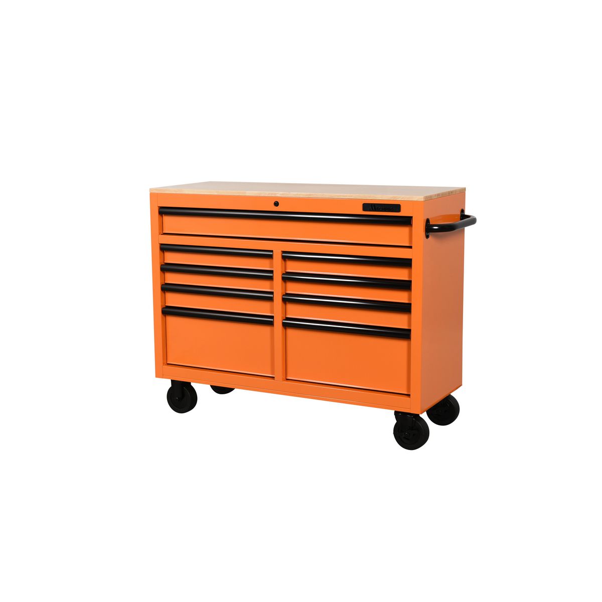 Orange Mechpro 46 Inch 9 Drawer Tool Trolley Workbench with Timber Top 945mm Height MPBTT-46IN-9D-OR