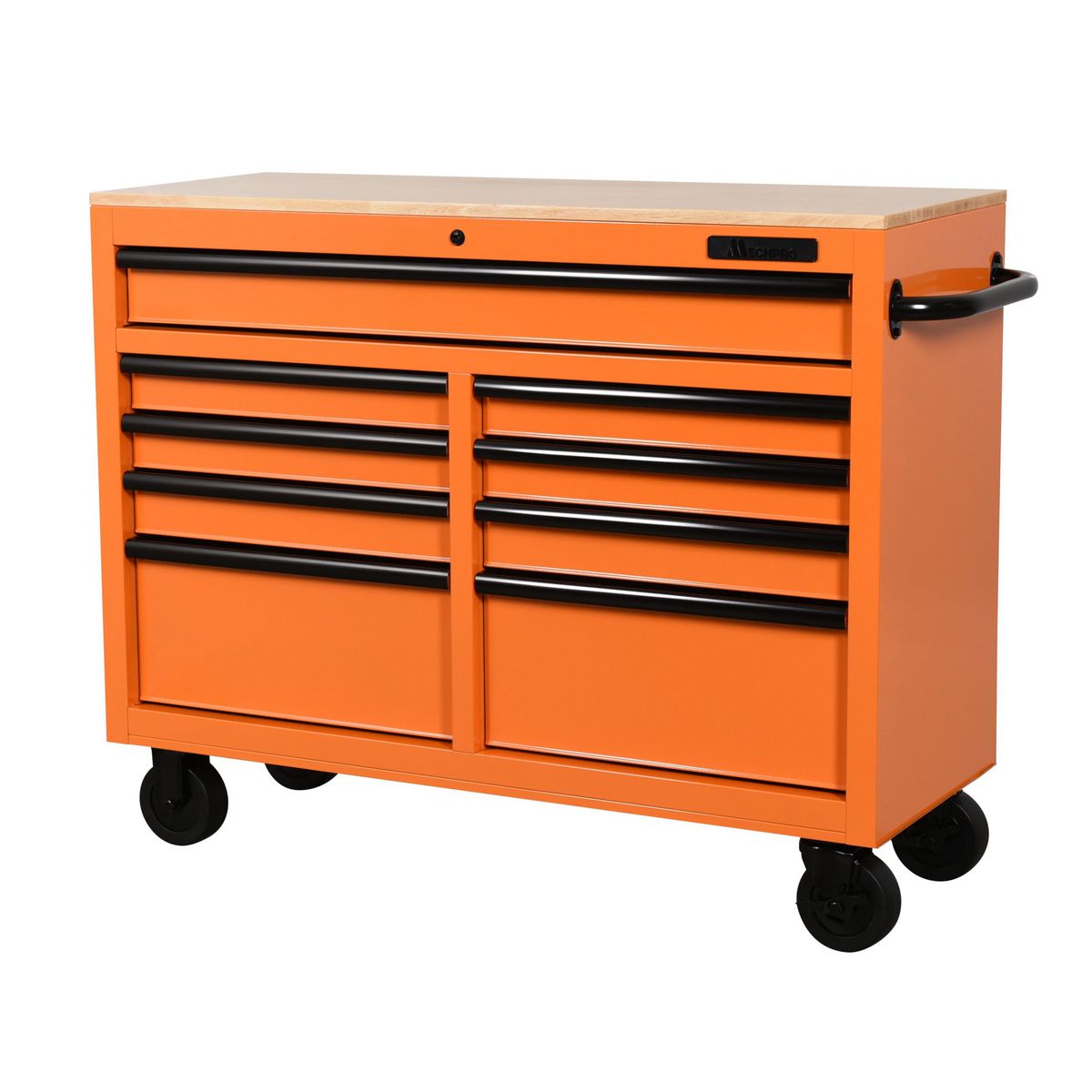 Orange Mechpro 46 Inch 9 Drawer Tool Trolley Workbench with Timber Top 945mm Height MPBTT-46IN-9D-OR