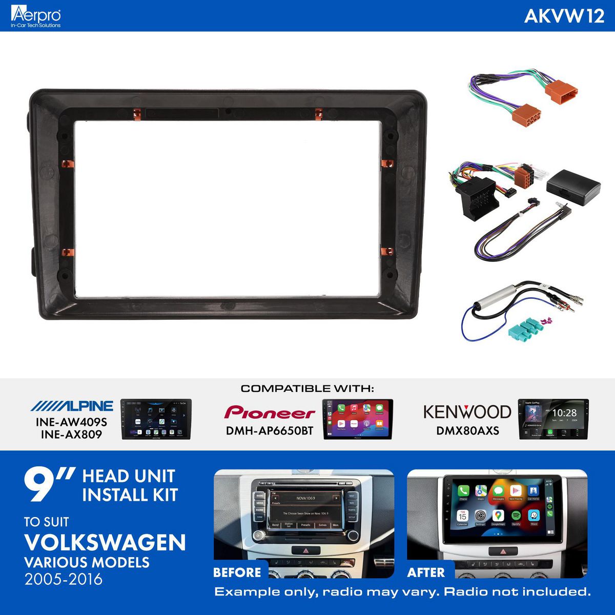 Aerpro 9 Inch Install Kit To Suit Vw Various 2005-2016 [Compatible With Pioneer, Kenwood & Alpine 9 Inch Head Units] AKVW12