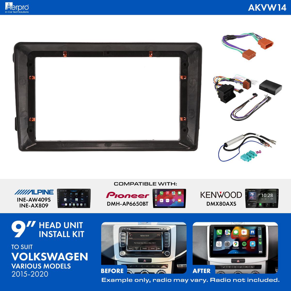 Aerpro 9 Inch Install Kit To Suit Volkswagen Various 2015-2020 [Compatible With Pioneer, Kenwood & Alpine 9 Inch Head Units] AKVW14