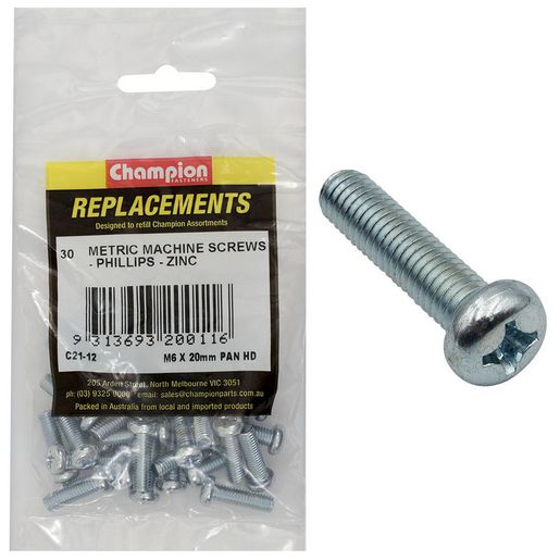 Champion Fasteners Machine Screw Pan Phillips M6 x 20mm Zinc Plated Refill Pack C21-12