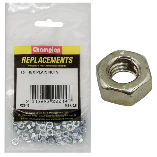 Champion Fasteners Hex Plain Nut High Tensile M5 X 0.8mm Class 8 Blue Zinc Plated Refill Pack C21-15