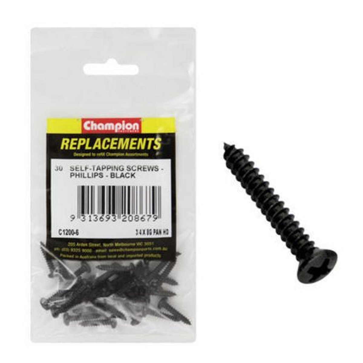 Champion Black Screw Self Tapp Panhead Phillips 4.2 x 19mm 30Pk C1200-6