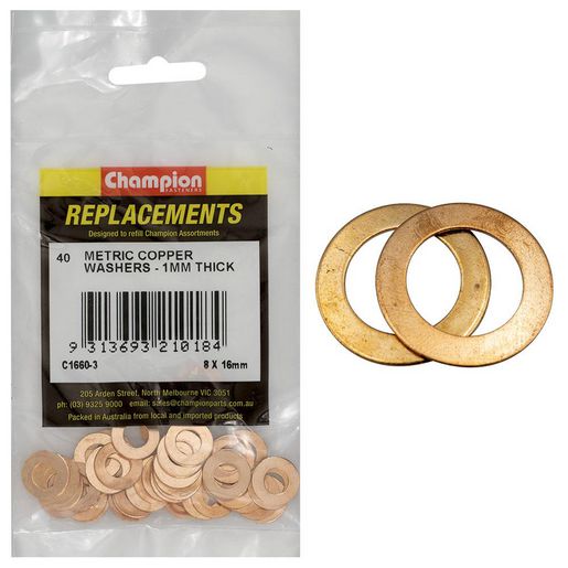 Champion Fasteners Washer Flat Copper 8mm x 16mm x 1.00mm Refill Pack C1660-3