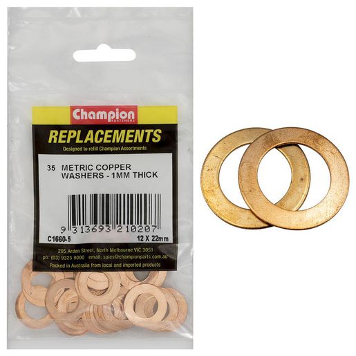 Champion Fasteners Washer Flat Copper 12mm x 22mm x 1.00mm Refill Pack C1660-5