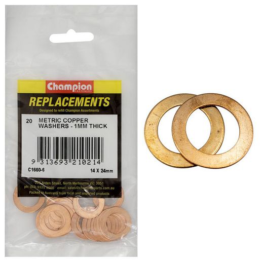 Champion Fasteners Washer Flat Copper 14mm X 24mm X 1.00mm Refill Pack C1660-6