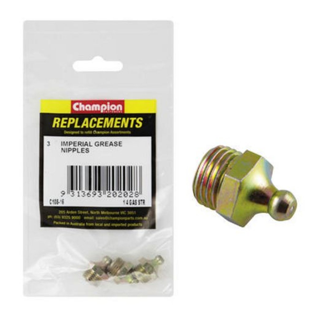 Champion Grease Nipple BSP Straight 1/4" 3Pk C108-16