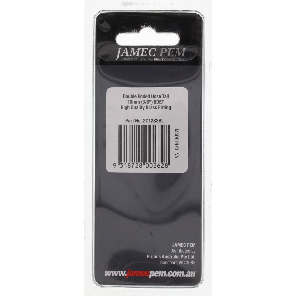 Jamec Pem Tailpiece-Air Dbl End 3/8 Barb 27.1283BL