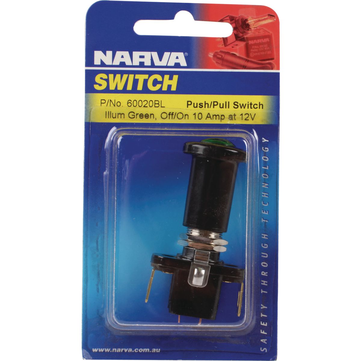 Narva Push/Pull Switch On/Off Spst 12V Green Illuminated (Contacts Rated 10A @ 12V) 60020BL
