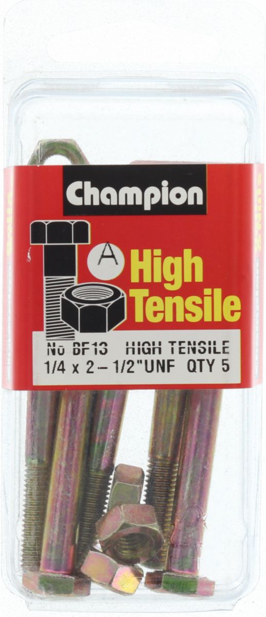 Champion Fasteners Hex Bolt & Nut High Tensile 1/4in x 2 1/2in UNF Grade 5 BF13