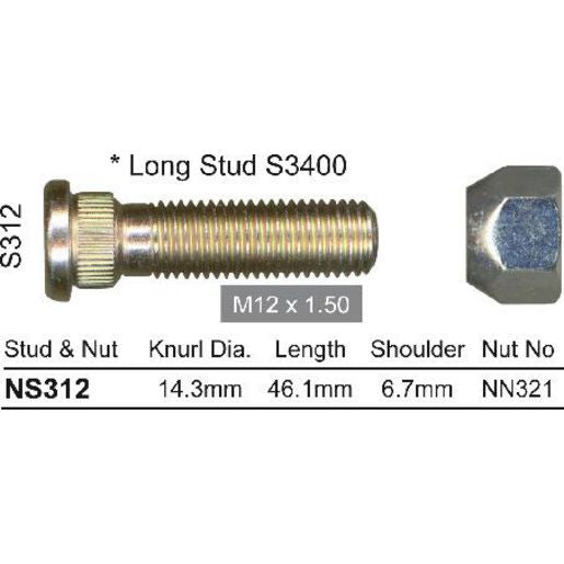 NICE Wheel Stud & Nut M12x1.50 45.2mm NS312