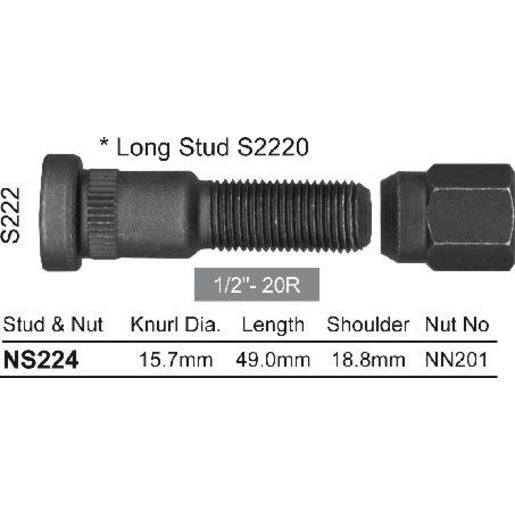 NICE Wheel Stud & Nut 1/2" 46.5mm NS224
