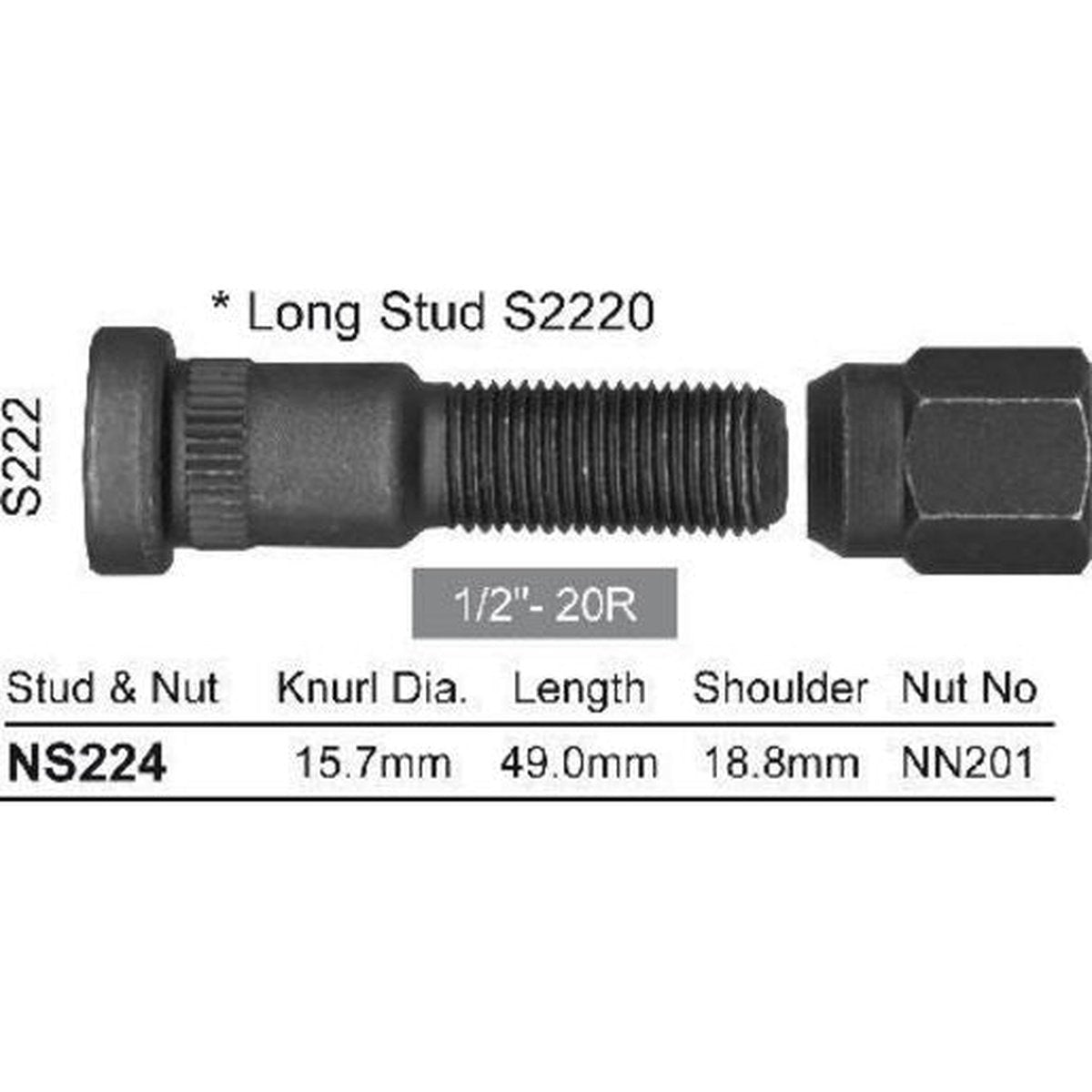 NICE Wheel Stud & Nut 1/2" 46.5mm NS224