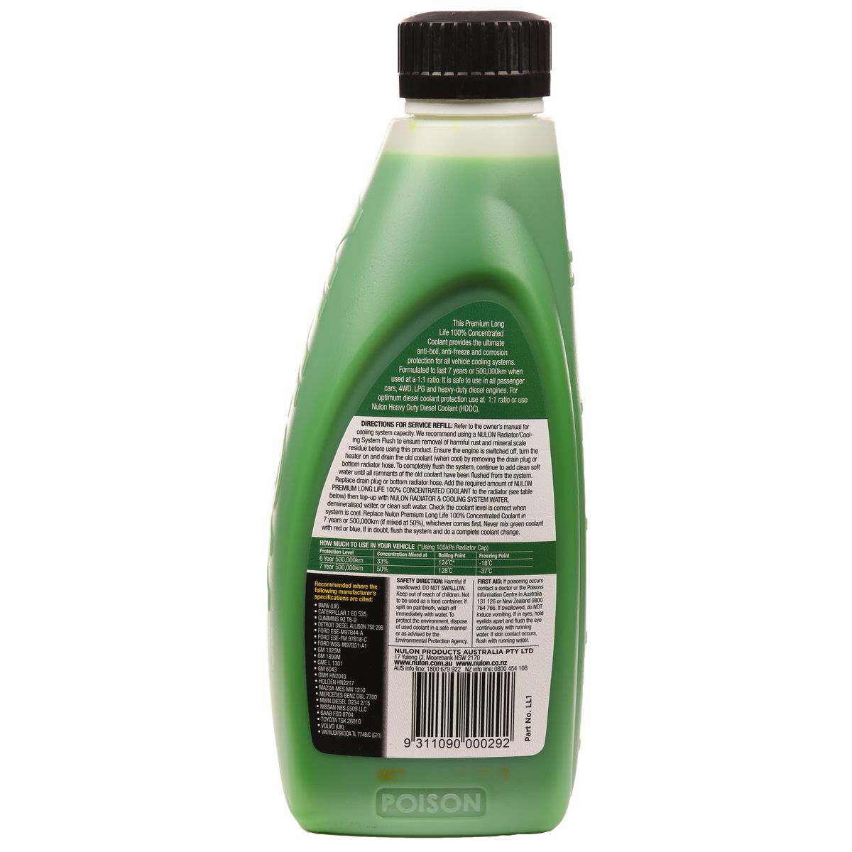 Nulon Green Premium Long Life Coolant 100% Concentrate 1L LL1