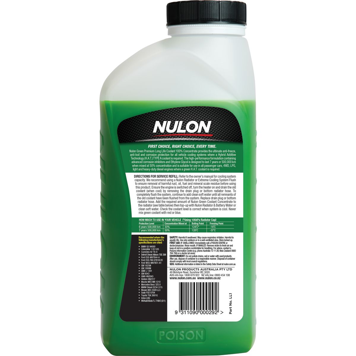 Nulon Green Premium Long Life Coolant 100% Concentrate 1L LL1