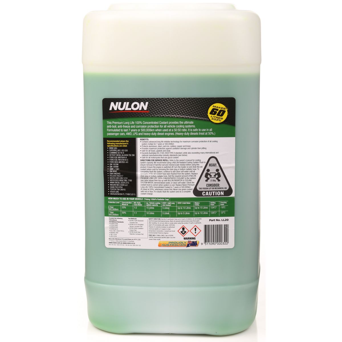 Nulon Green Premium Long Life Coolant 100% Concentrate 20L LL20