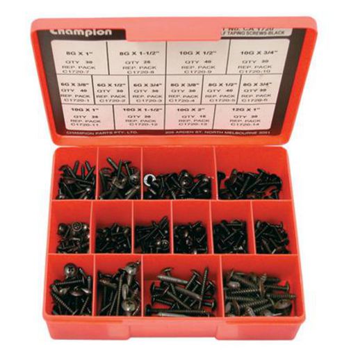 Champion Screw Self Tapp Black Mushroom Head Phillips Assortment Pack Metric 14 Sizes 415Pk CA1720