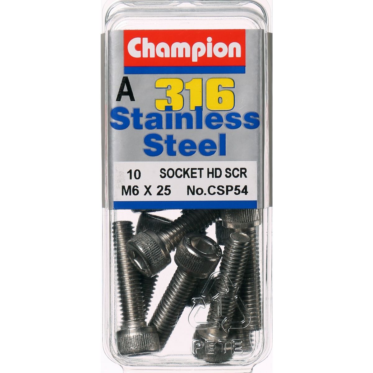 Champion Cap Screw Socket Head Stainless M6 x 25mm 10Pk CSP54