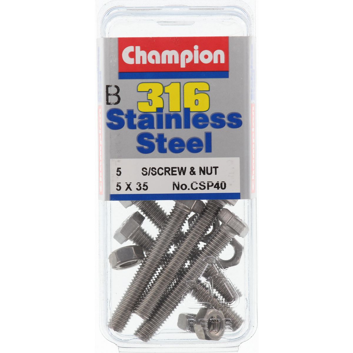 Champion Fasteners Hex Set Screw & Nut Stainless Steel M5X35mm & M5X0.8mm 316/A4 CSP40