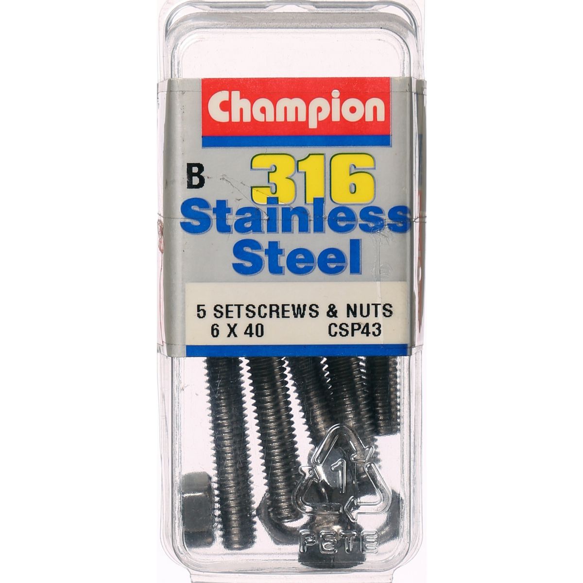 Champion Fasteners Hex Set Screw & Nut Stainless Steel M6X40mm & M6X1.00mm 316/A4 CSP43