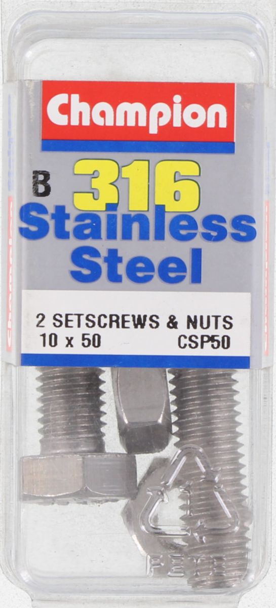 Champion Fasteners Hex Set Screw & Nut Stainless Steel M10X50mm & M10X1.50mm 316/A4 CSP50