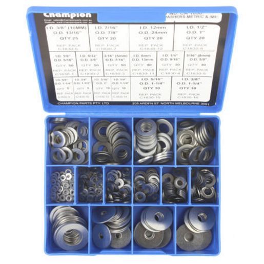 Champion Flat Washer Assortment Pack Imperial/Metric 16 Sizes 385Pk CA1830