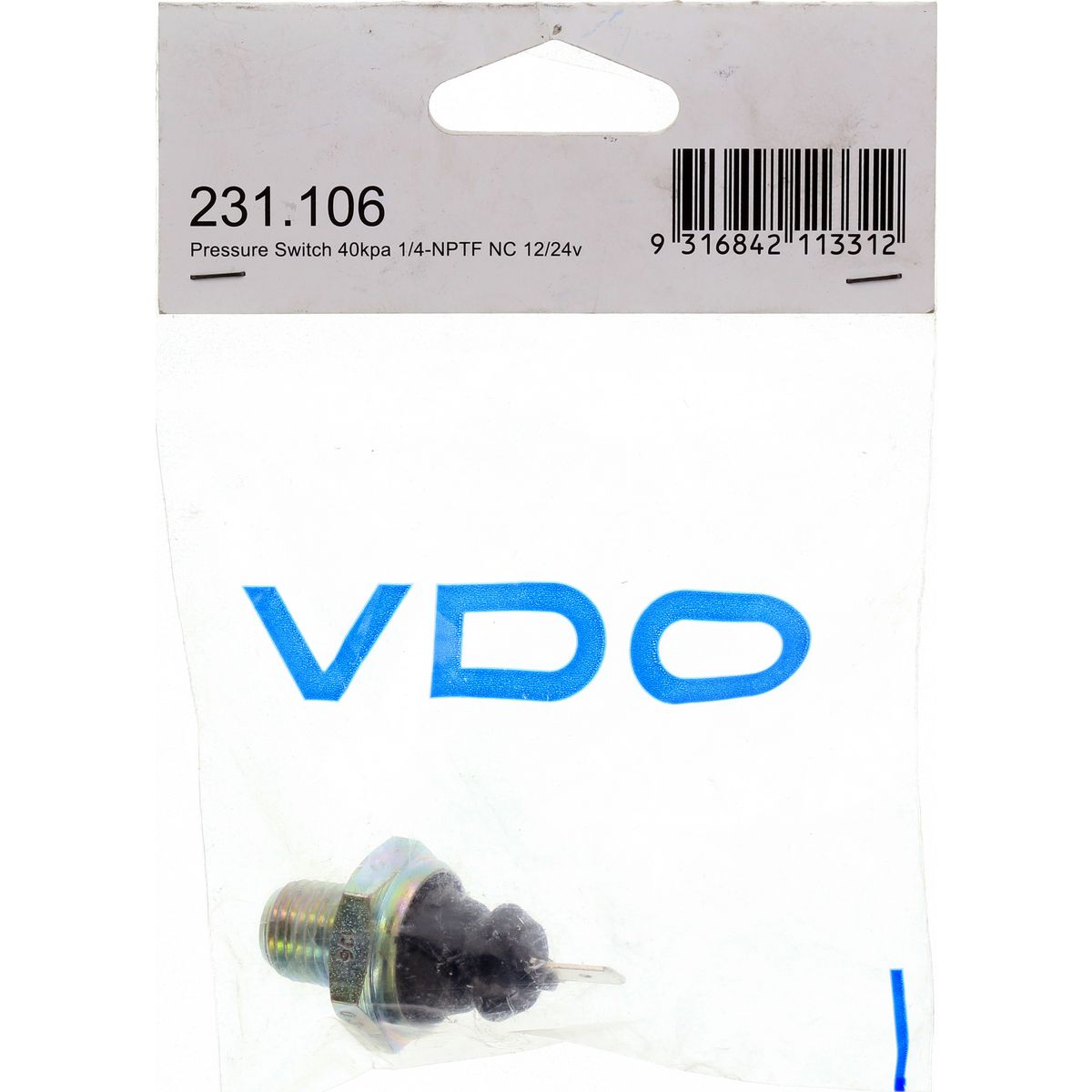 VDO Oil Pressure Switch 40kpa 1/4in.-18NPTF Spade Terminal Normally Closed 231.106
