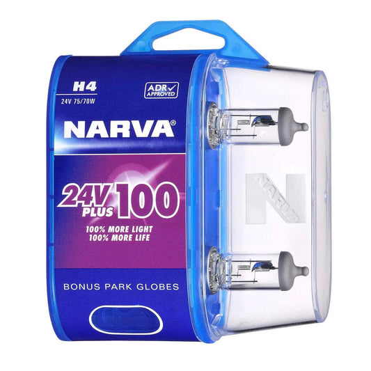Narva H4 24V 75/70W Plus 100 Halogen Headlight Globes 2Pk