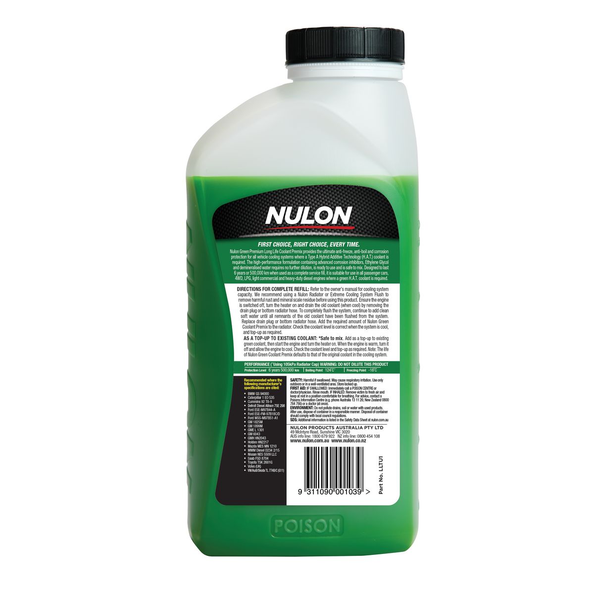 Nulon Green Premium Long Life Coolant Premix 1L LLTU1