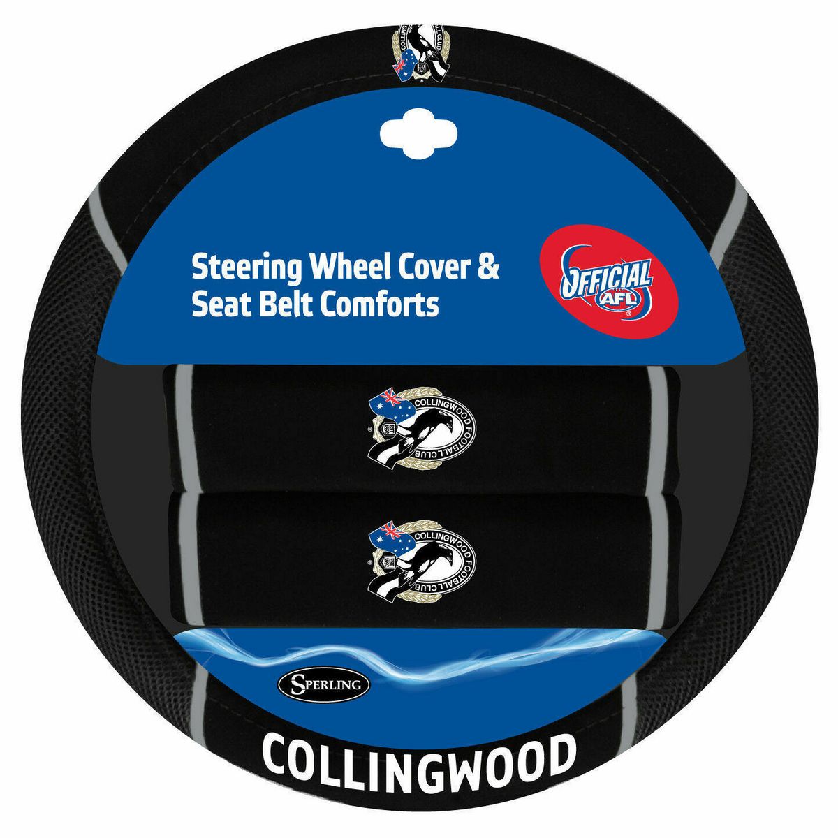AFL Steering Wheel Cover/Seat Belt Cover Set - Collingwood Magpies ACAFLCOLACC