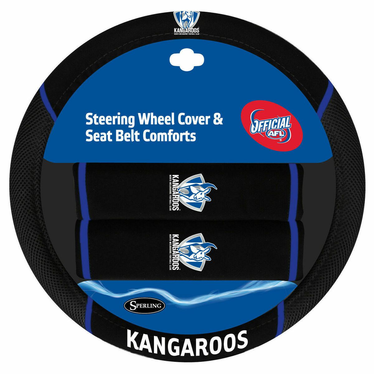 AFL Steering Wheel Cover/Seat Belt Cover Set - North Melbourne Kangaroos ACAFLKANACC