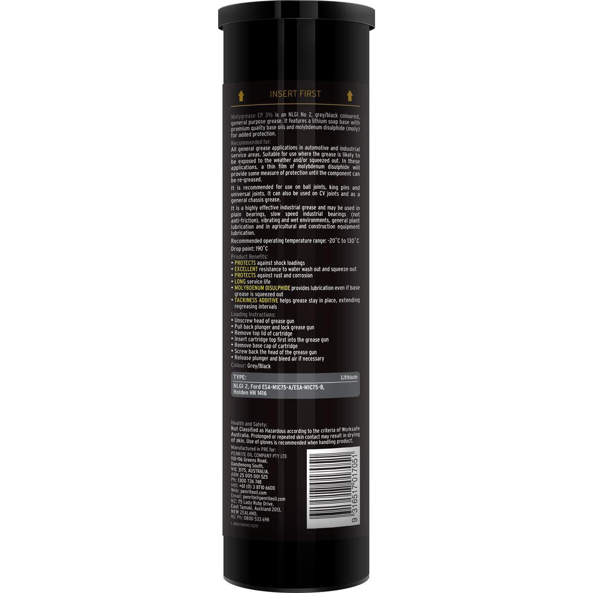 Penrite Molygrease EP 3% NLGI 2 450g Cartridge MOLY00045