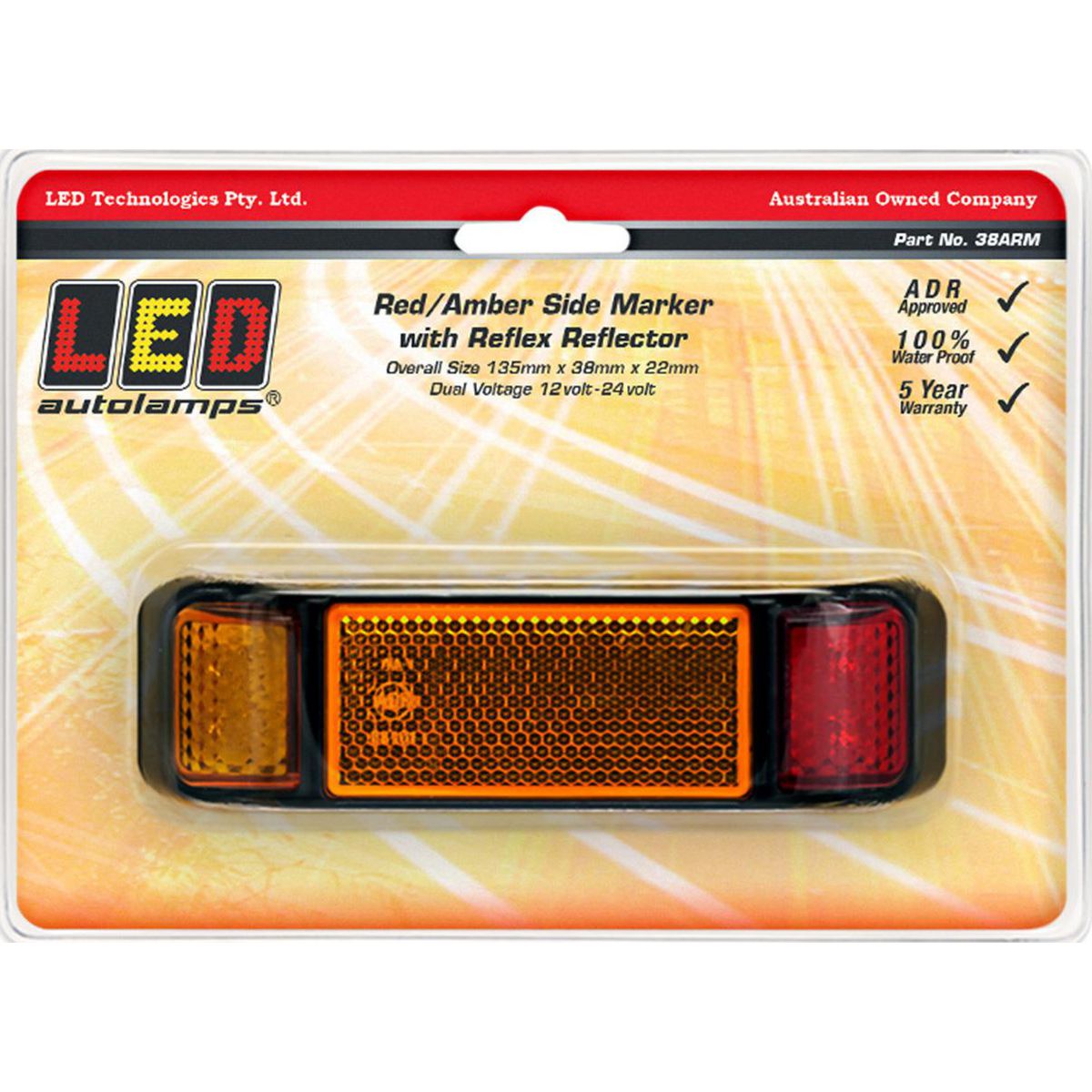 LED Autolamps Side Marker with Reflector Red/Amber 135x38x22mm 12-24V 38ARM