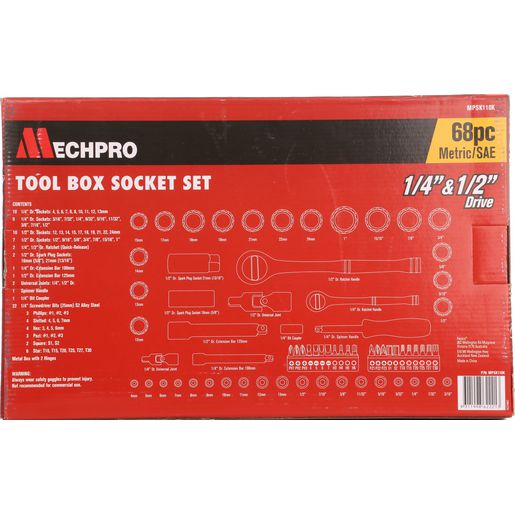 Mechpro Socket Set 68 Piece 1/4In, 3/8In And 1/2In Drive MPSK110K