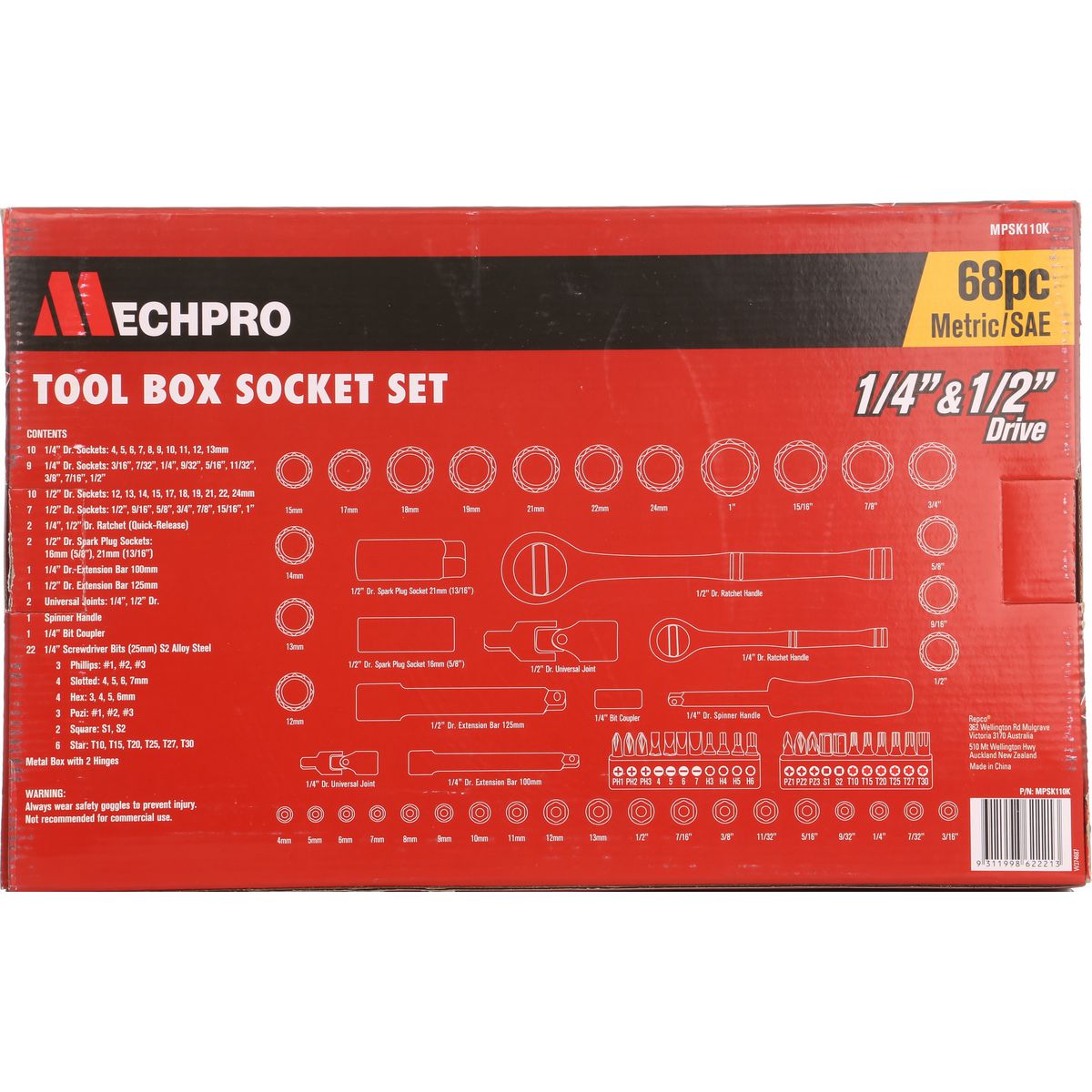 Mechpro Socket Set 68 Piece 1/4In, 3/8In And 1/2In Drive MPSK110K