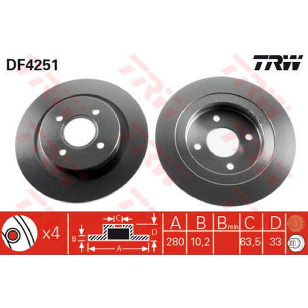 TRW Brake Rotor Pair 280mm Rear DF4251S