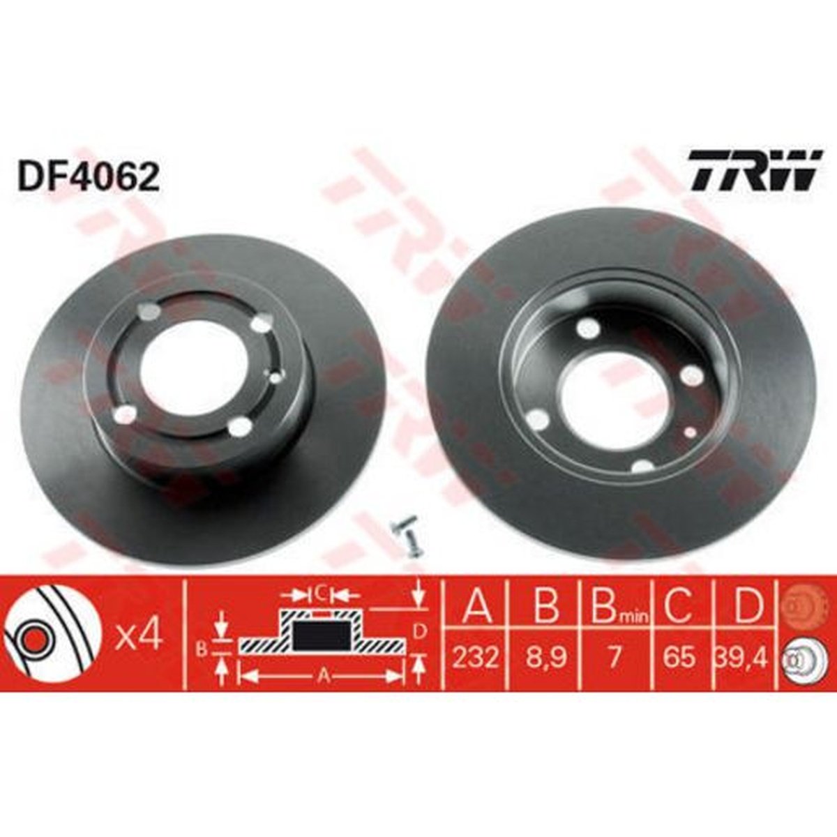 TRW Brake Rotor Pair 232mm Rear DF4062S