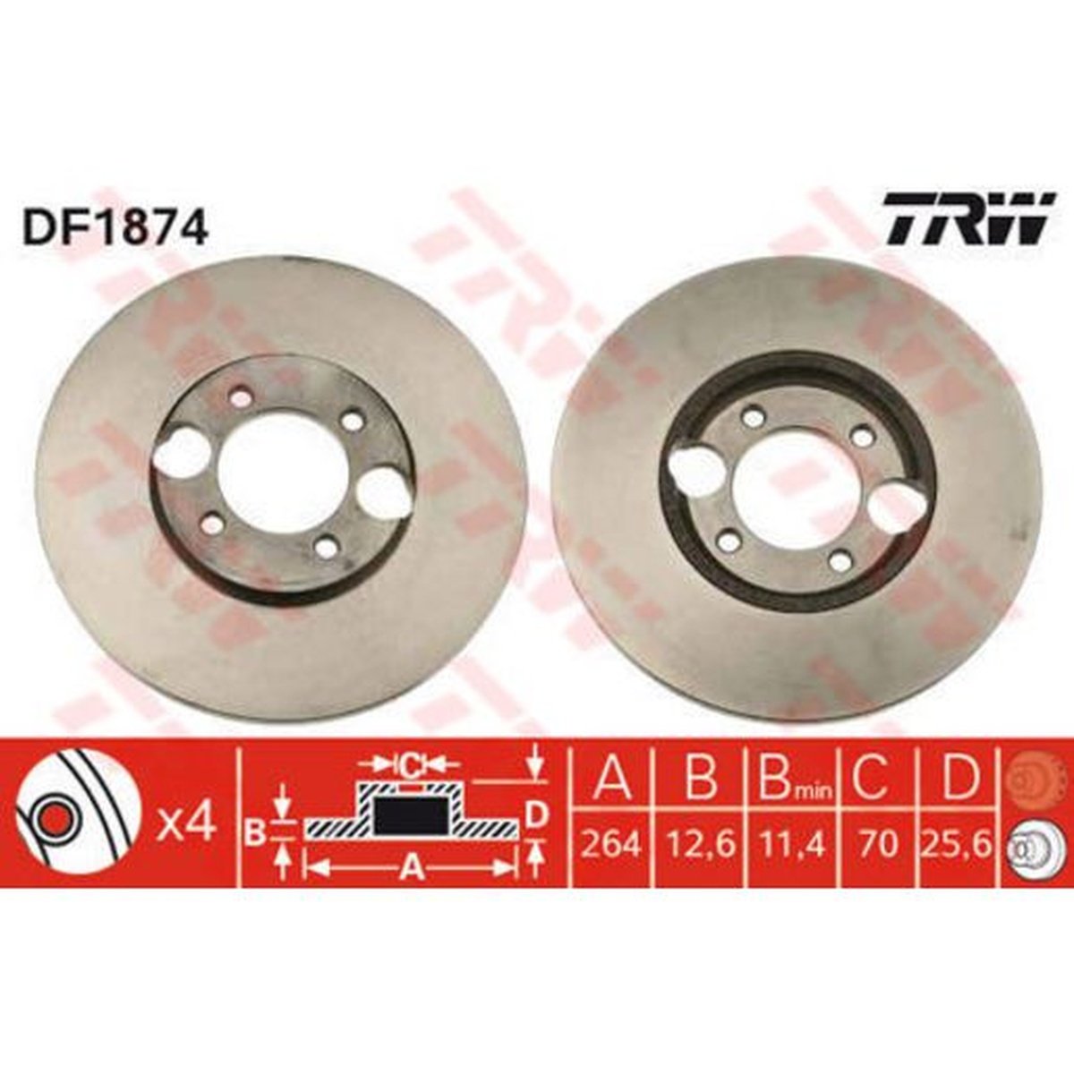 TRW Brake Rotor Pair 264mm Rear DF1874S